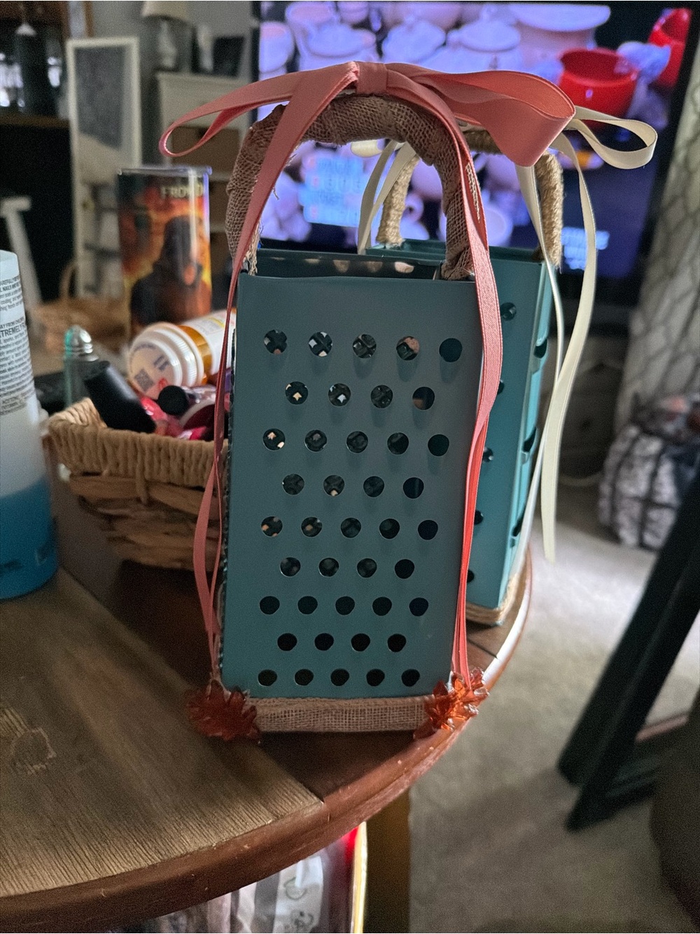 Blue Perforated Tote Bag with Pink Ribbon Handles